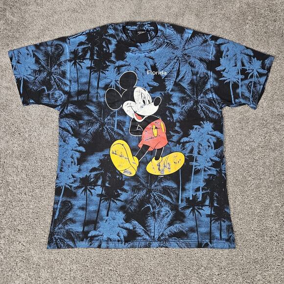 Vtg Mickey Mouse Shirt Mens XL Black T-Shirt AOP Florida Palm Trees Made In USA - Picture 1 of 7